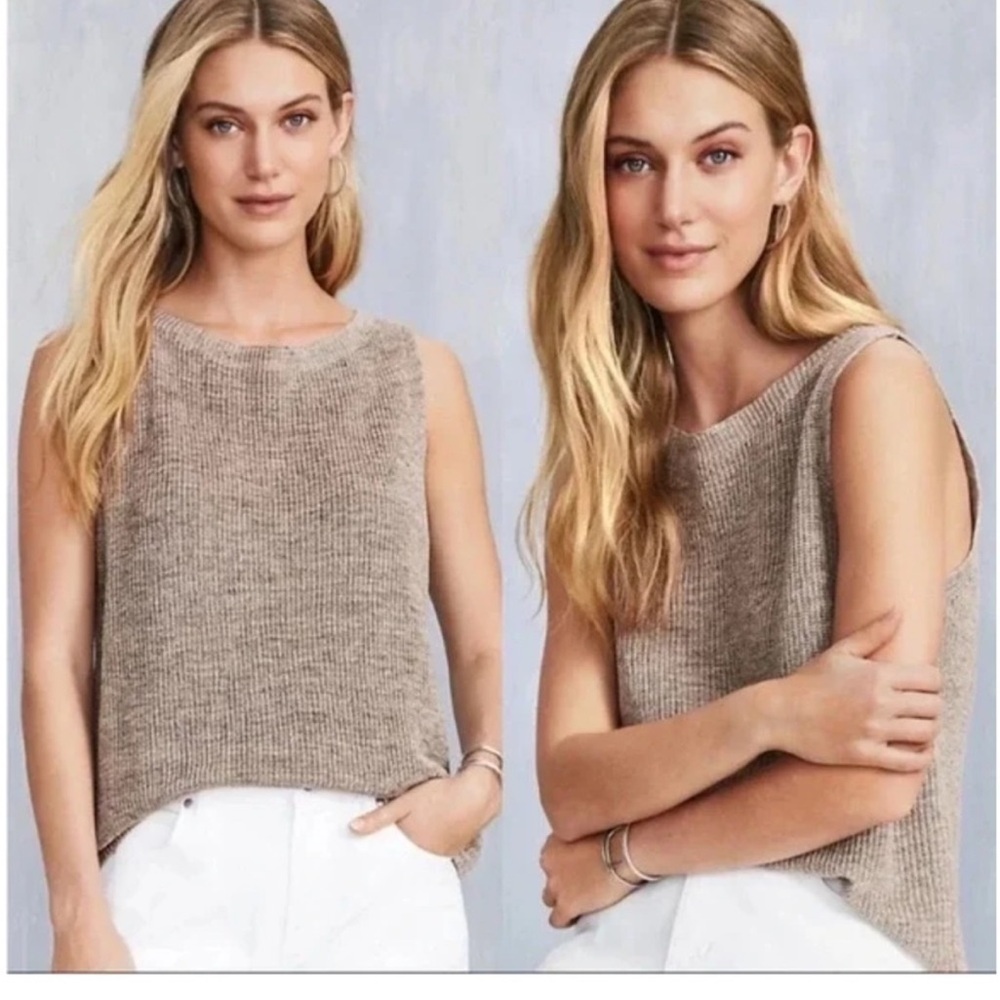 Eileen Fisher Beige Ribbed Knit Top M organic linen